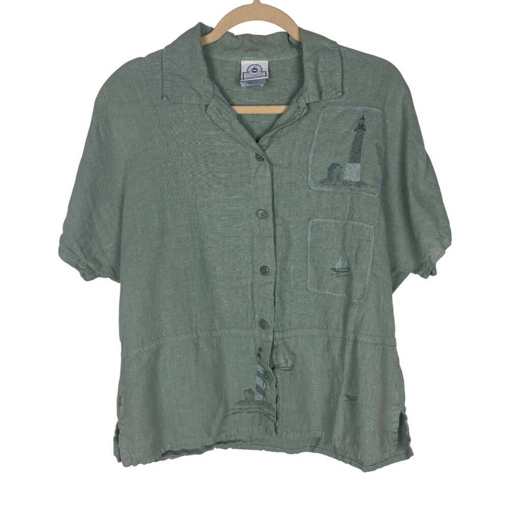 Mill Valley Cotton M 100% Linen Green Shirt Nautical Print Coastal Grandma